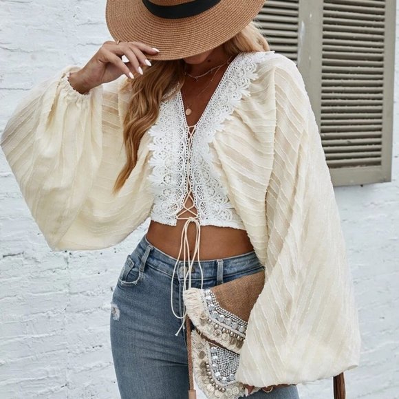 . Tops - Boho statement Lantern Sleeves with Lace Up Front detail Crop Blouse Top - beige